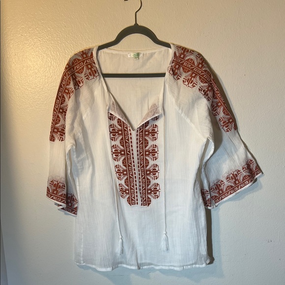 Jade Tops - Jade White Blouse with Rust Burnt Orange Embroidery 3/4 Sleeve Boho Large